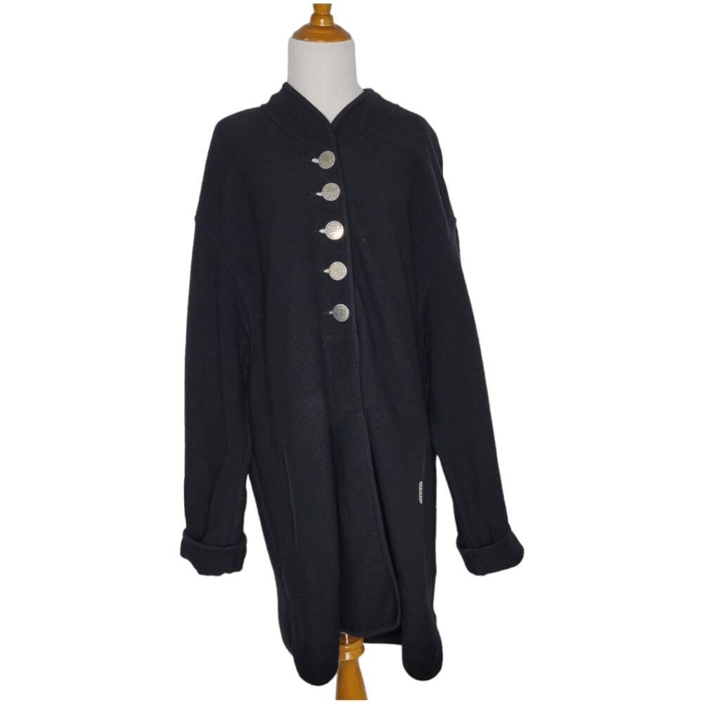 Geiger Austria Coatigan Long Sweater Wool Black Silver Buttons Women 42 Large